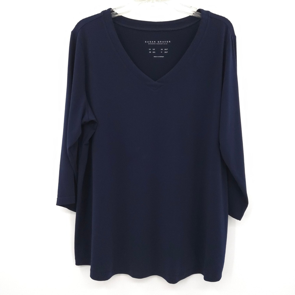 Susan Graver Liquid Knit Top Women 1XP Navy V-Neck 3/4 Sleeve Modern Essential